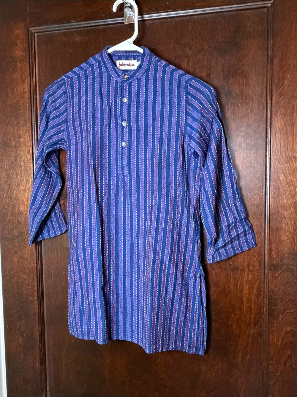 Fabindia Kurta Boys 4-6 Years Top Purple and Blue Striped Viscose Made in India